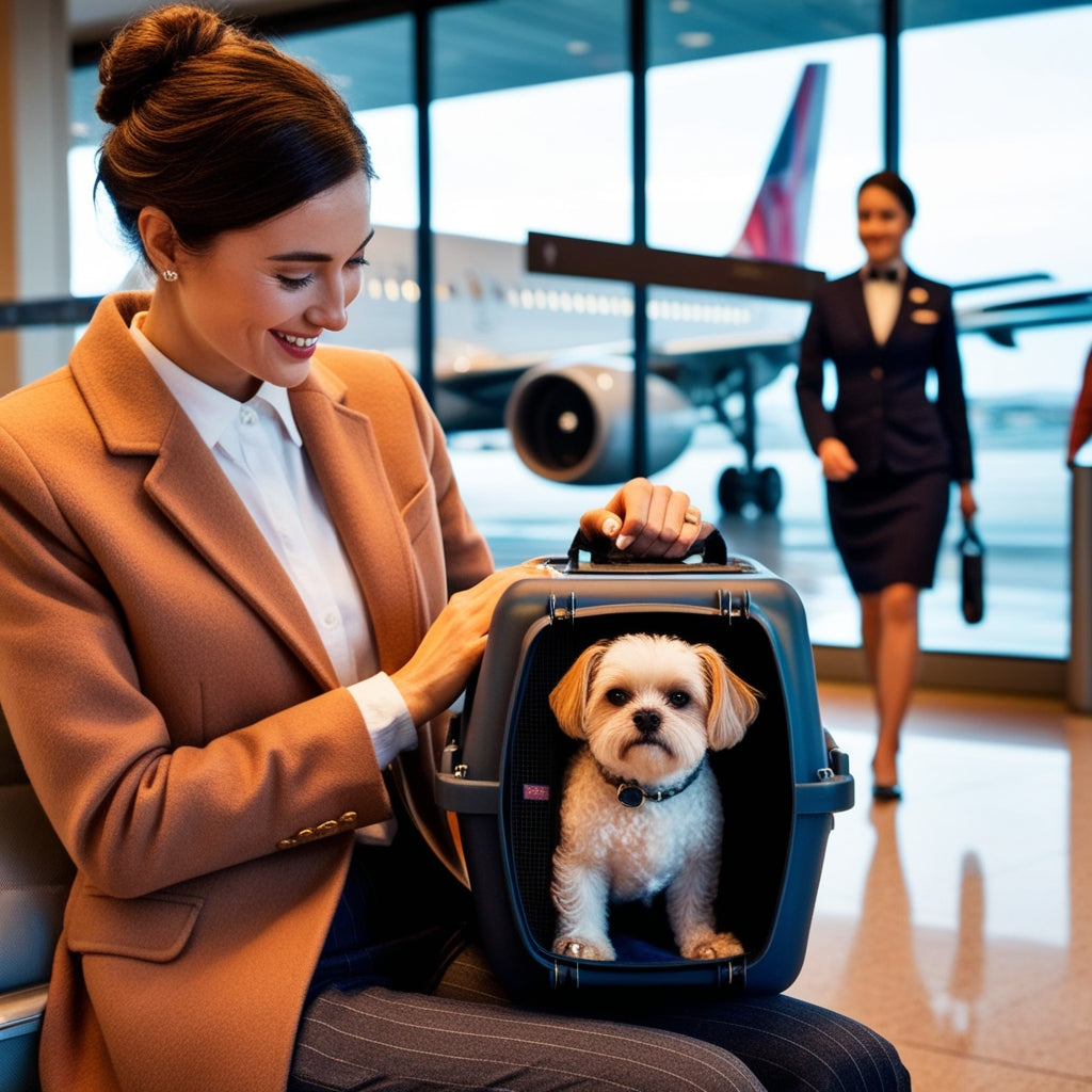 A stylish traveler holding a pet carrier with a small dog inside at an airport terminal, with an airplane visible in the background.