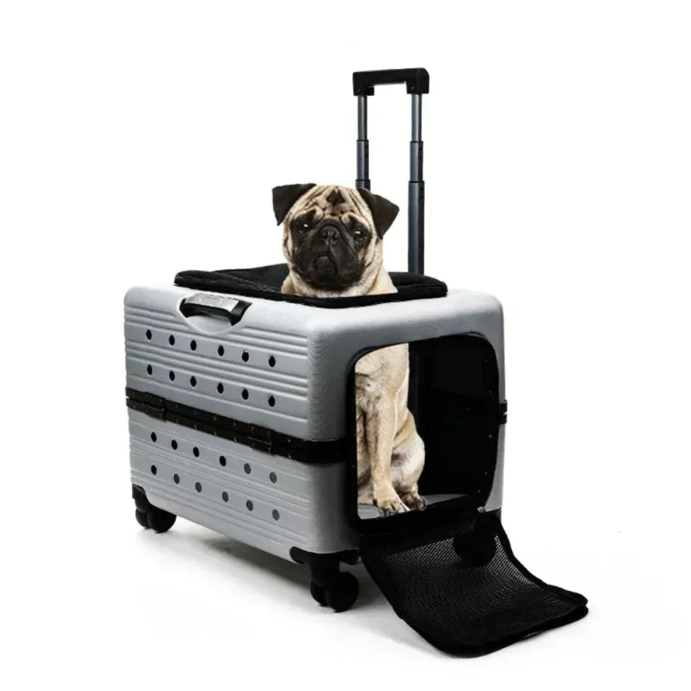 Silver pet travel trolley with black handle, featuring a pug sitting inside and a foldable ramp.