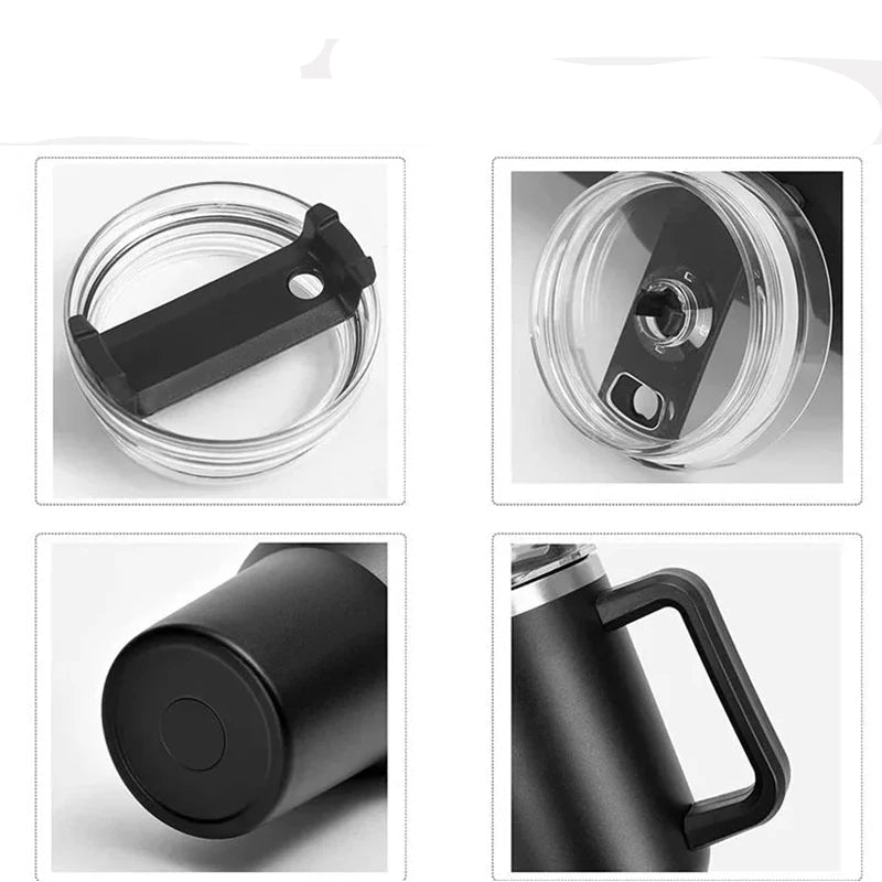 Close-up view of the black insulated travel mug lid, featuring a secure sealing mechanism