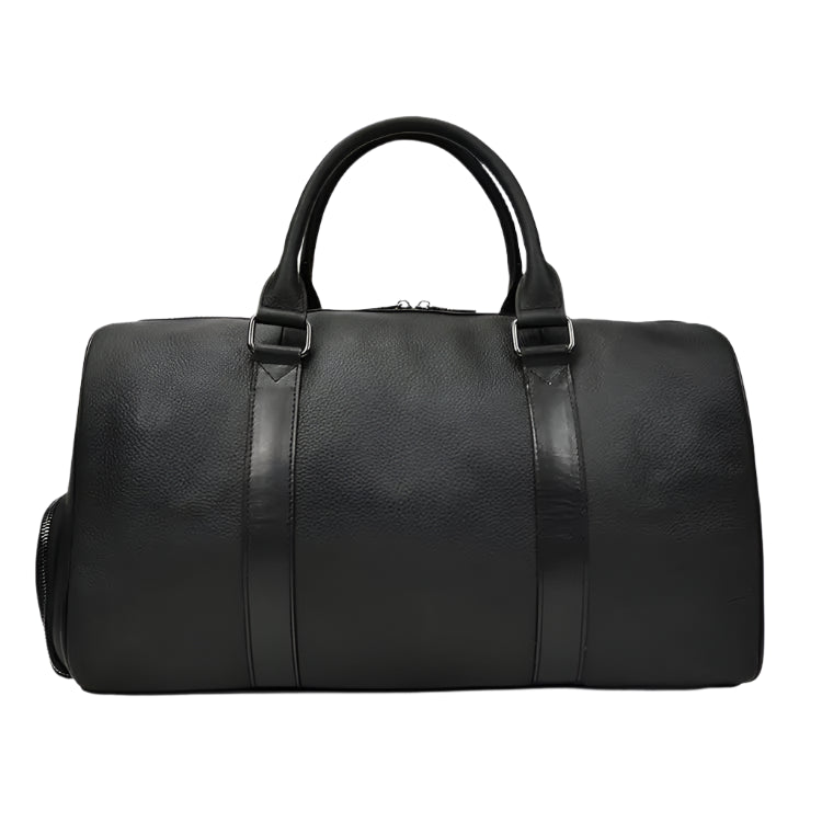 Compact black leather travel duffel bag, 45cm, perfect for weekend getaways, with premium leather material and an adjustable strap for convenience.