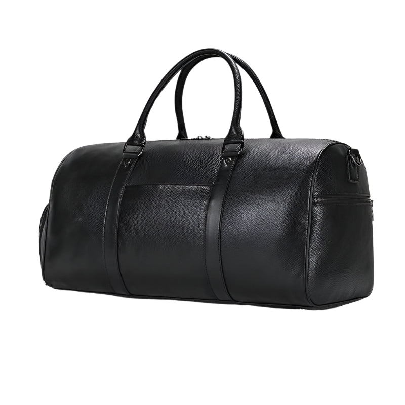 Sleek black leather travel duffel bag, 55cm, featuring a classic design, spacious compartments, and a sturdy build for business or leisure trips.