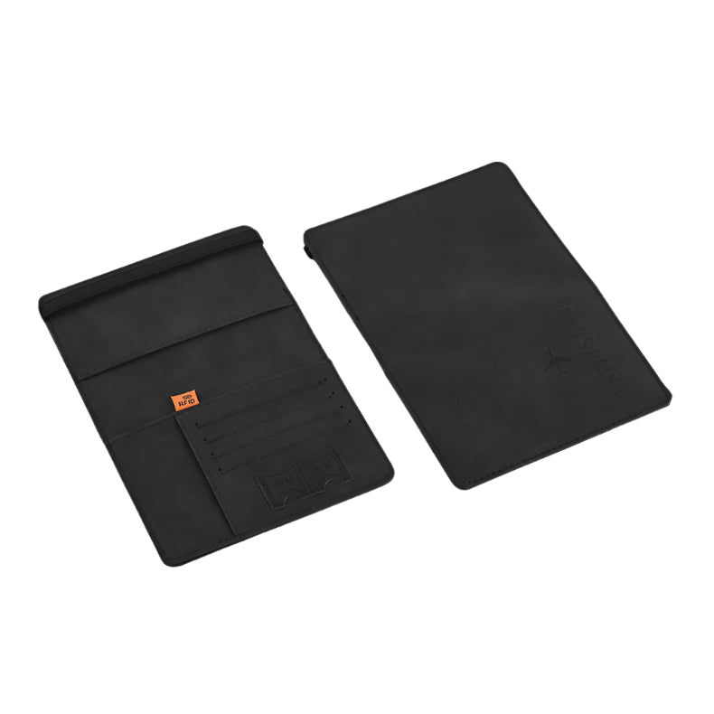 Sleek black passport wallet featuring RFID secure technology, multiple compartments for passports, cards, and cash, crafted from premium faux leather.