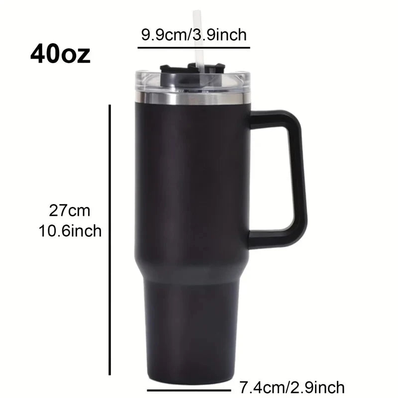 Detailed view of the black stainless steel travel mug, showing the sturdy handle and non-slip bottom.