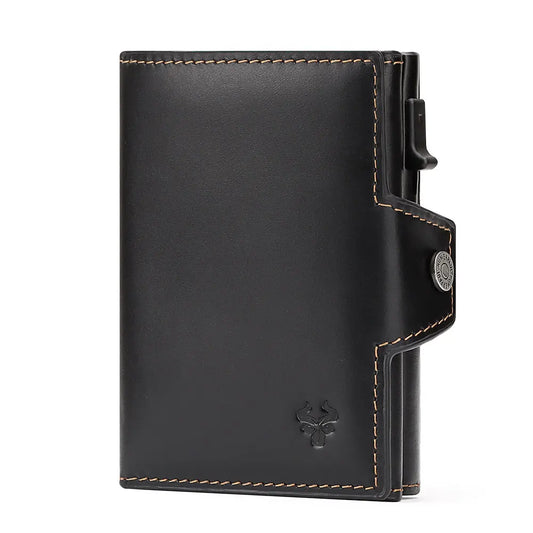 Black Voyager travel wallet crafted with premium leather, featuring RFID protection and a slim, compact design for cards and essentials.