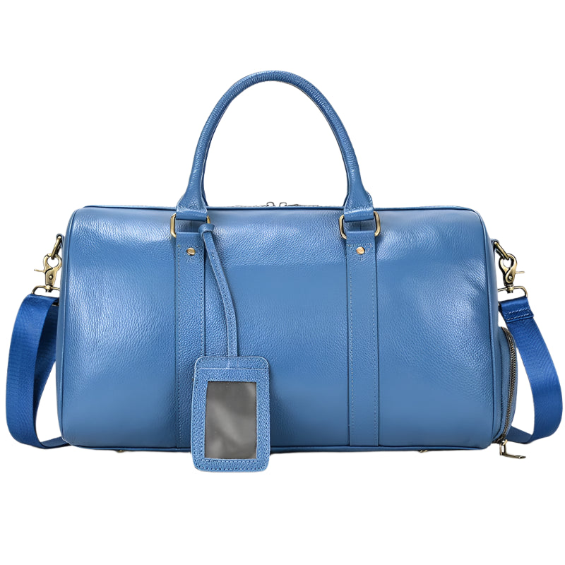 Stylish blue leather travel duffel bag, 45cm, compact yet spacious enough for essentials, crafted from premium materials for sophisticated travel.