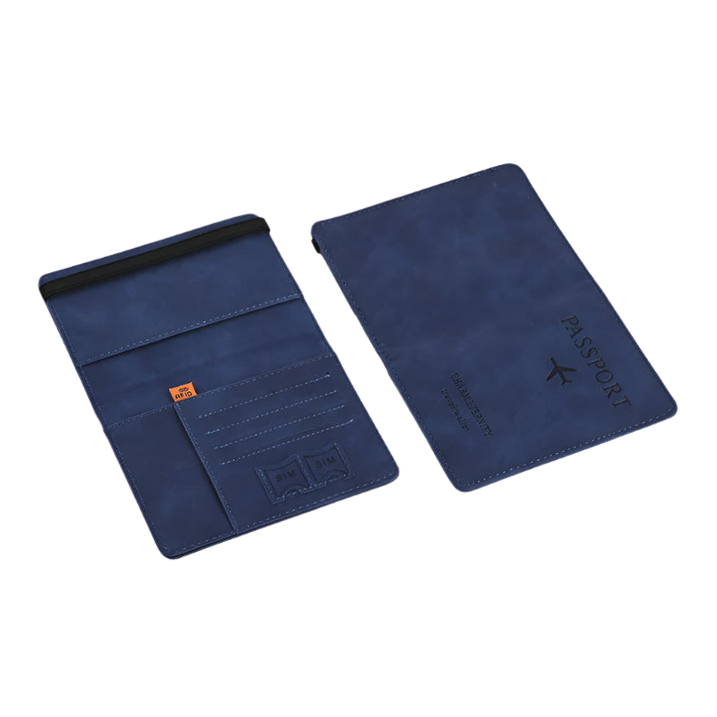 Stylish navy blue passport wallet with RFID protection, offering dedicated compartments for passports, SIM cards, and travel essentials in a compact design.