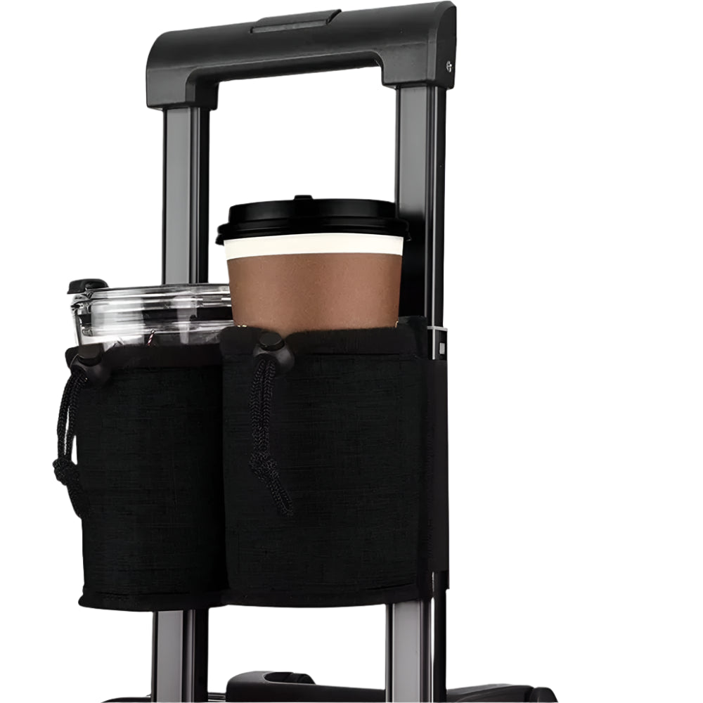 Travel luggage cup holder attached to a suitcase, holding a reusable mug securely.