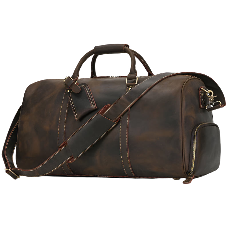 Dark brown leather travel duffel bag, 55cm, designed with a polished leather finish, spacious interior, and durable straps for long-lasting use.