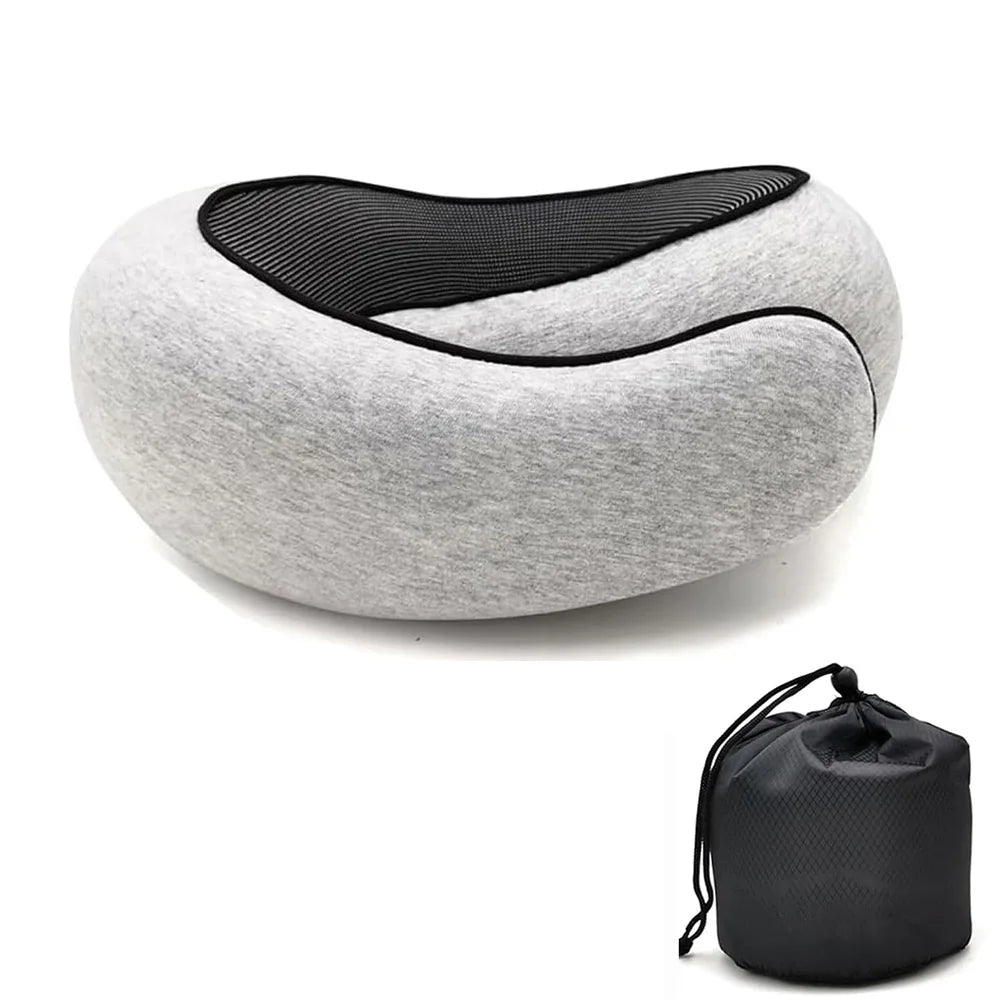 Elegant Light Gray 360° travel pillow designed with soft, breathable fabric for stylish neck support, perfect for planes, trains, and road trips, with a lightweight travel bag included.