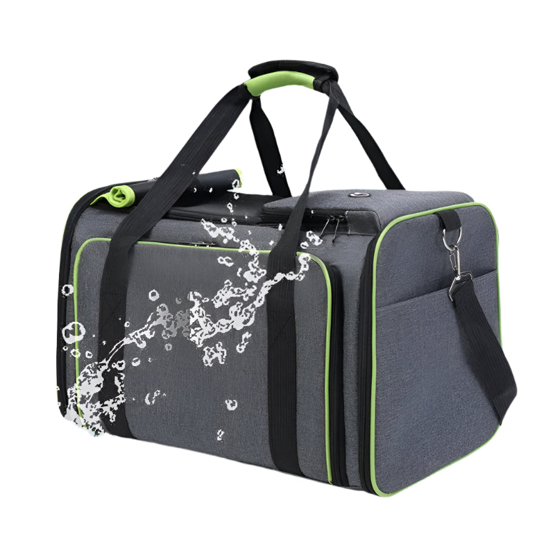 A travel-friendly pet carrier in full bag mode with handles and adjustable straps. It showcases the sturdy and stylish black and gray exterior.