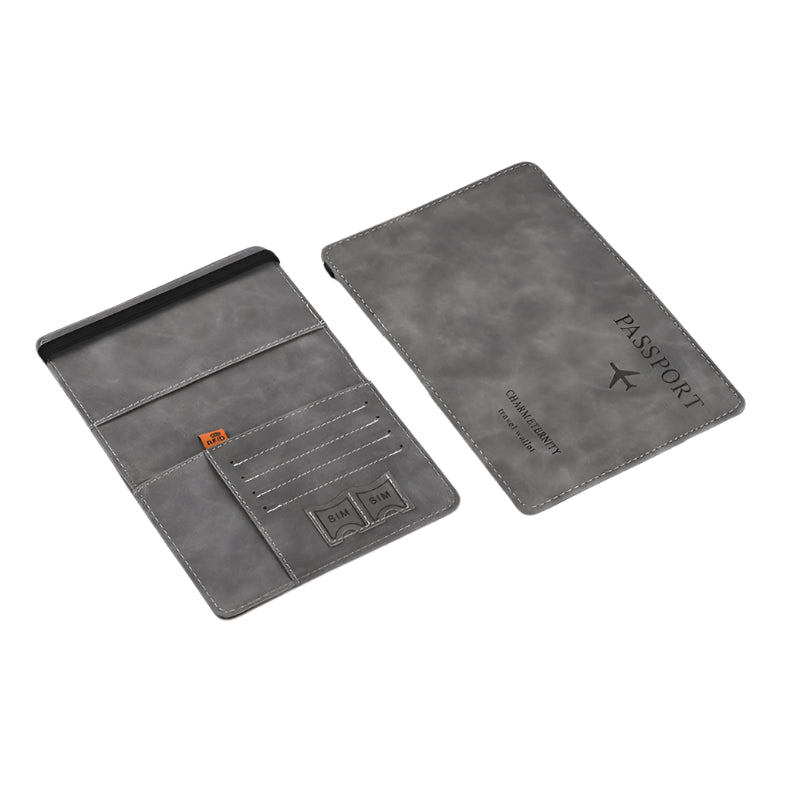 Elegant gray passport wallet with RFID blocking technology, designed for ultimate organization and security during travel, made from durable faux leather.