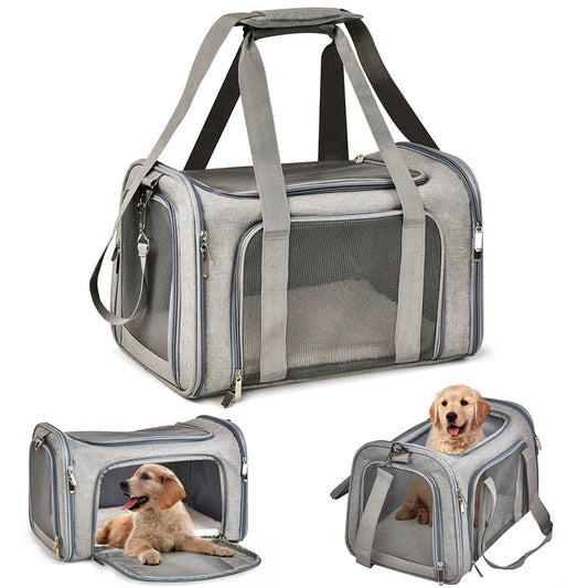 Gray airline-approved pet carrier travel bag with a breathable mesh design, spacious interior, and a cozy setup for small pets, shown with a dog inside.