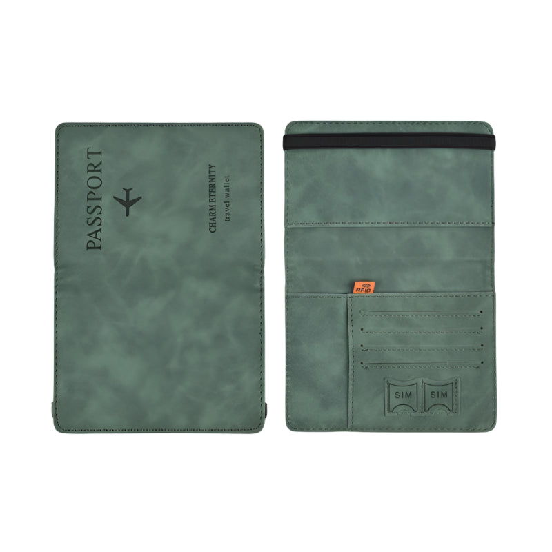 Sophisticated green passport wallet with RFID blocking functionality, offering timeless style and functionality for discerning travelers.