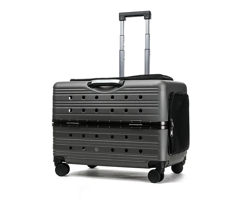 A luxury black pet travel trolley, combining clear visibility, premium materials, and easy mobility for stylish and practical pet transport.