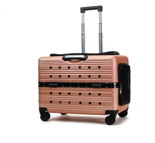 Luxury pet travel trolley in elegant brown with transparent panels, smooth 360° wheels, and a retractable handle for hassle-free transportation.