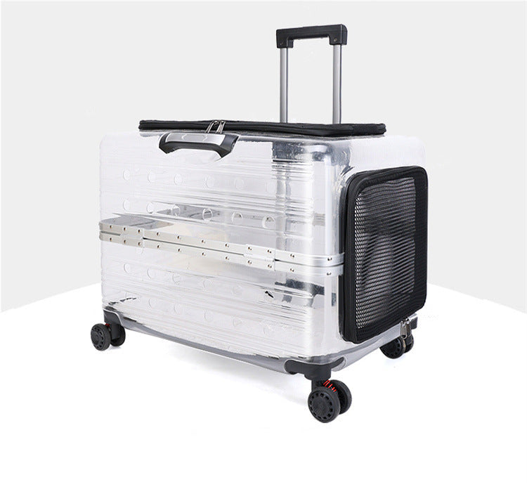  A luxury transparent black pet travel trolley, combining clear visibility, premium materials, and easy mobility for stylish and practical pet transport.