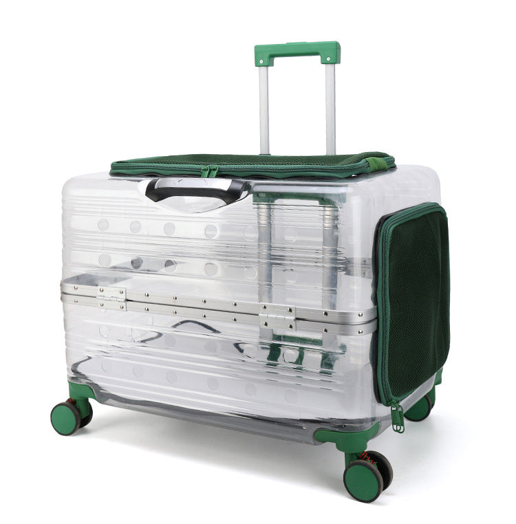 A luxury transparent green pet travel trolley, offering a clear view and ventilation for pets, with smooth-rolling wheels and a sleek design.