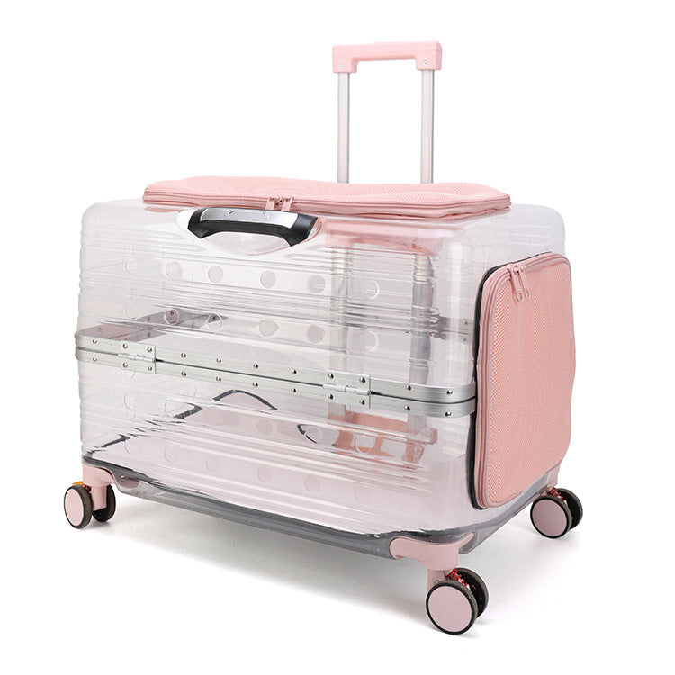 A chic luxury pet travel trolley in transparent pink, designed for ultimate style and pet comfort during travel, with durable and smooth mobility.