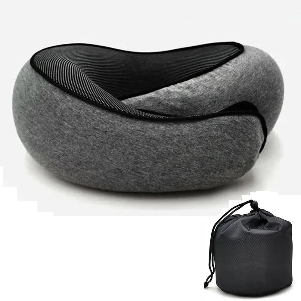 Premium Black 360° travel pillow offering sleek style and breathable comfort, perfect for long-haul flights and road trips, comes with a convenient travel bag.