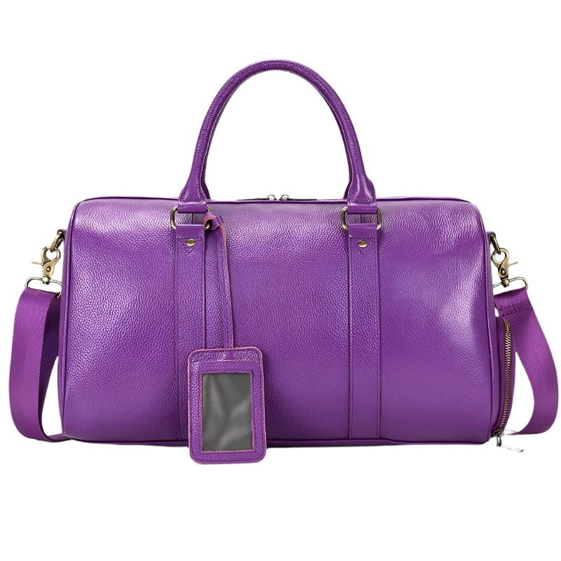 Compact purple leather travel duffel bag, 45cm, combining luxurious design with practical functionality, perfect for short trips or everyday use.