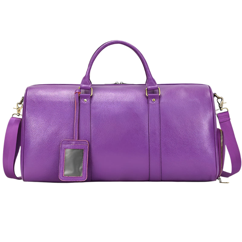 Elegant purple leather travel duffel bag, 55cm, featuring a bold color, high-quality craftsmanship, and ample storage space for organized travel.