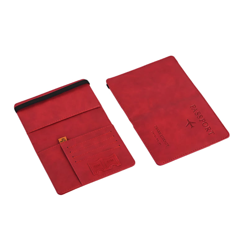 Vibrant red passport wallet featuring RFID secure technology and a luxurious finish, ideal for organizing travel documents and cards efficiently.