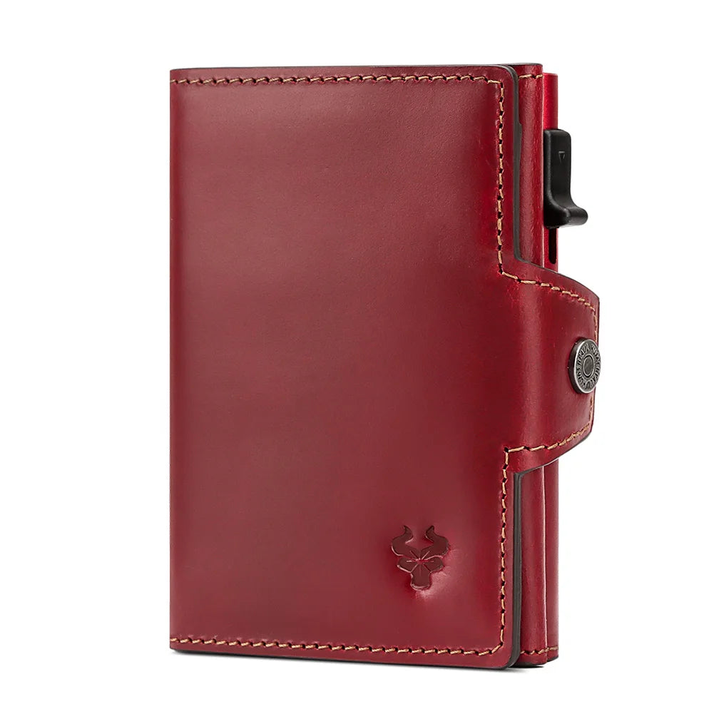 Refined red leather Voyager wallet designed for secure travel, offering advanced RFID protection and multiple card slots.