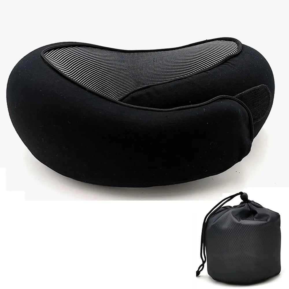 Timeless_Black_360_Travel_Pillow, offering superior neck, head, and chin support for long flights, road trips, and daily commutes, with a lightweight, compact travel bag for ultimate convenience.