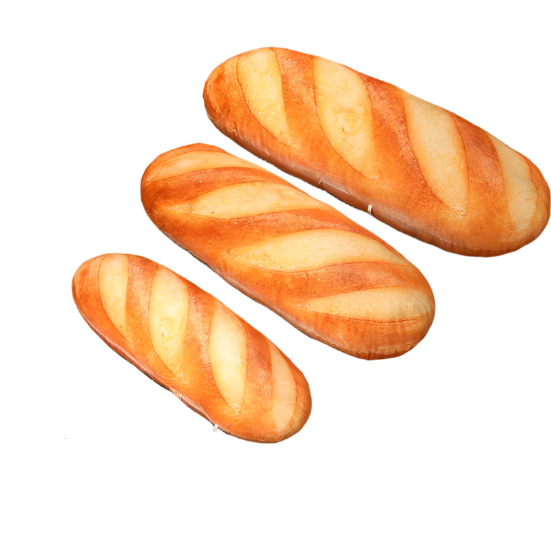 Collection of realistic bread-shaped pillows in 20cm, 50cm, and 70cm sizes.