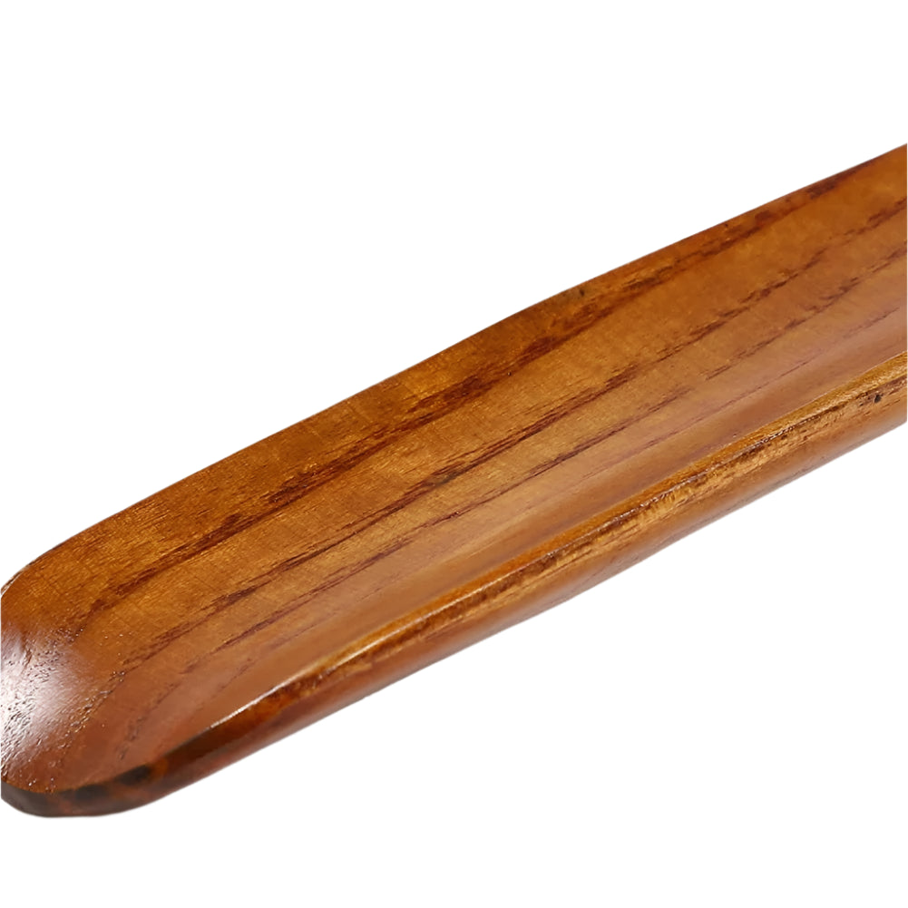 Close-up view of the polished wooden finish and ergonomic grip of the luxury shoehorn.